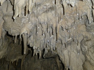 Water + carbon dioxide + calcite (rock) = stalactites. When carbon dioxide leaves the solution, water drips and the calcite stays behind