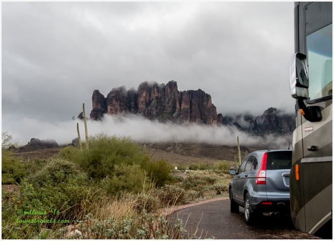 Superstition Mountains in fog